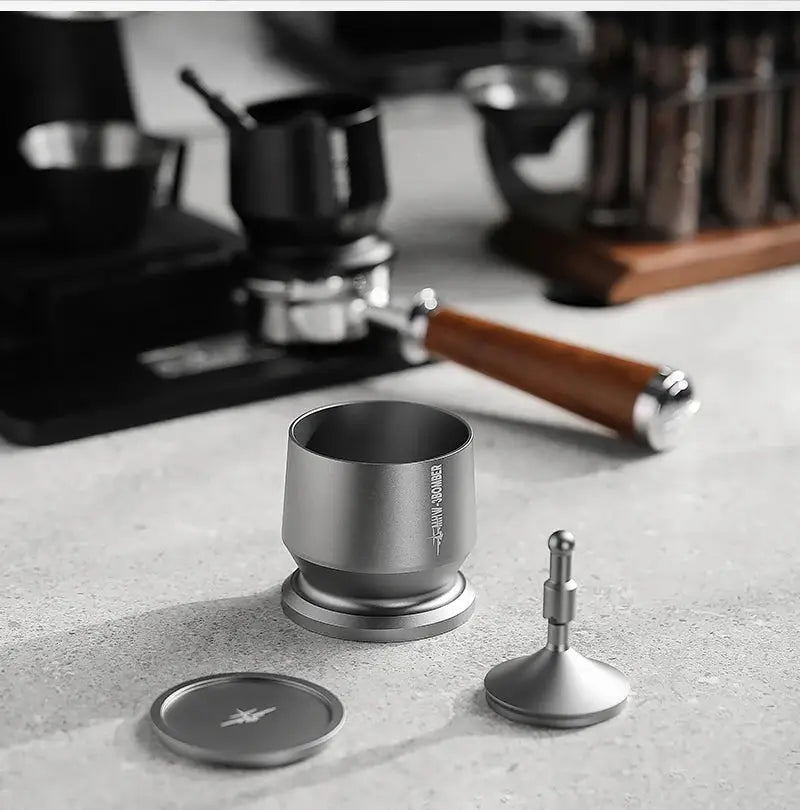 MHW-3BOMBER Coffee Dosing Funnel Aluminum Alloy Dosing Shaker in use with espresso machine, fits 51-54mm portafilters for home barista setup.