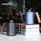 Stainless Steel 600ml Long Gooseneck Spout Barista Espresso Coffee Maker in black and blue with wooden handles, ideal for precision pouring.