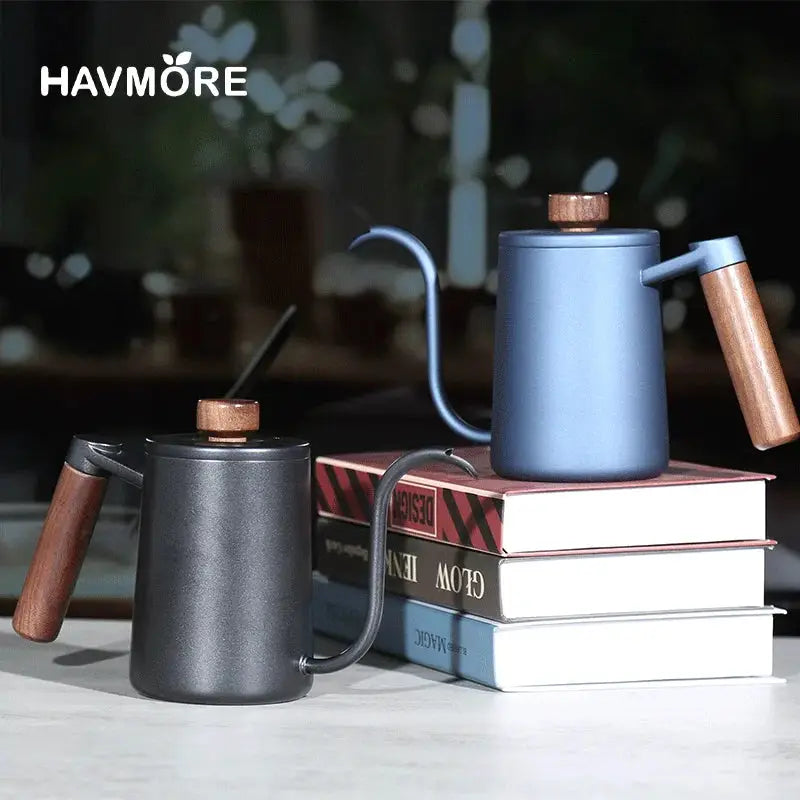 Stainless Steel 600ml Long Gooseneck Spout Barista Espresso Coffee Maker in black and blue with wooden handles, ideal for precision pouring.