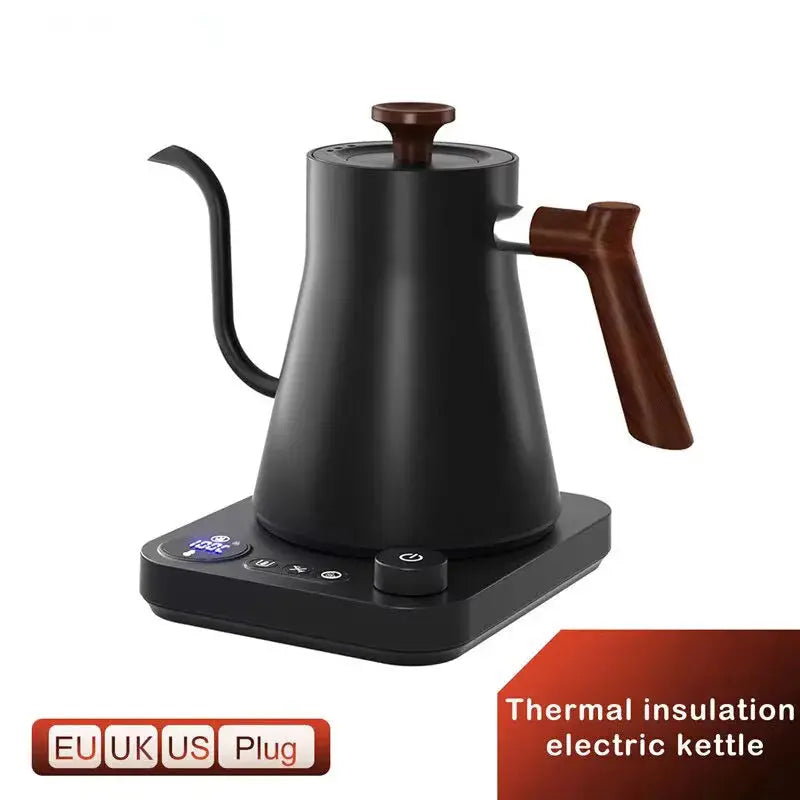 Portable gooseneck electric kettle with thermal insulation, ideal for travel. Features a sleek black stainless steel design with precise temperature control.