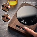 100°C cup heater mug warmer with wood grain finish and digital touch controls, ideal for heating coffee, tea, or milk at 5 temperature levels.