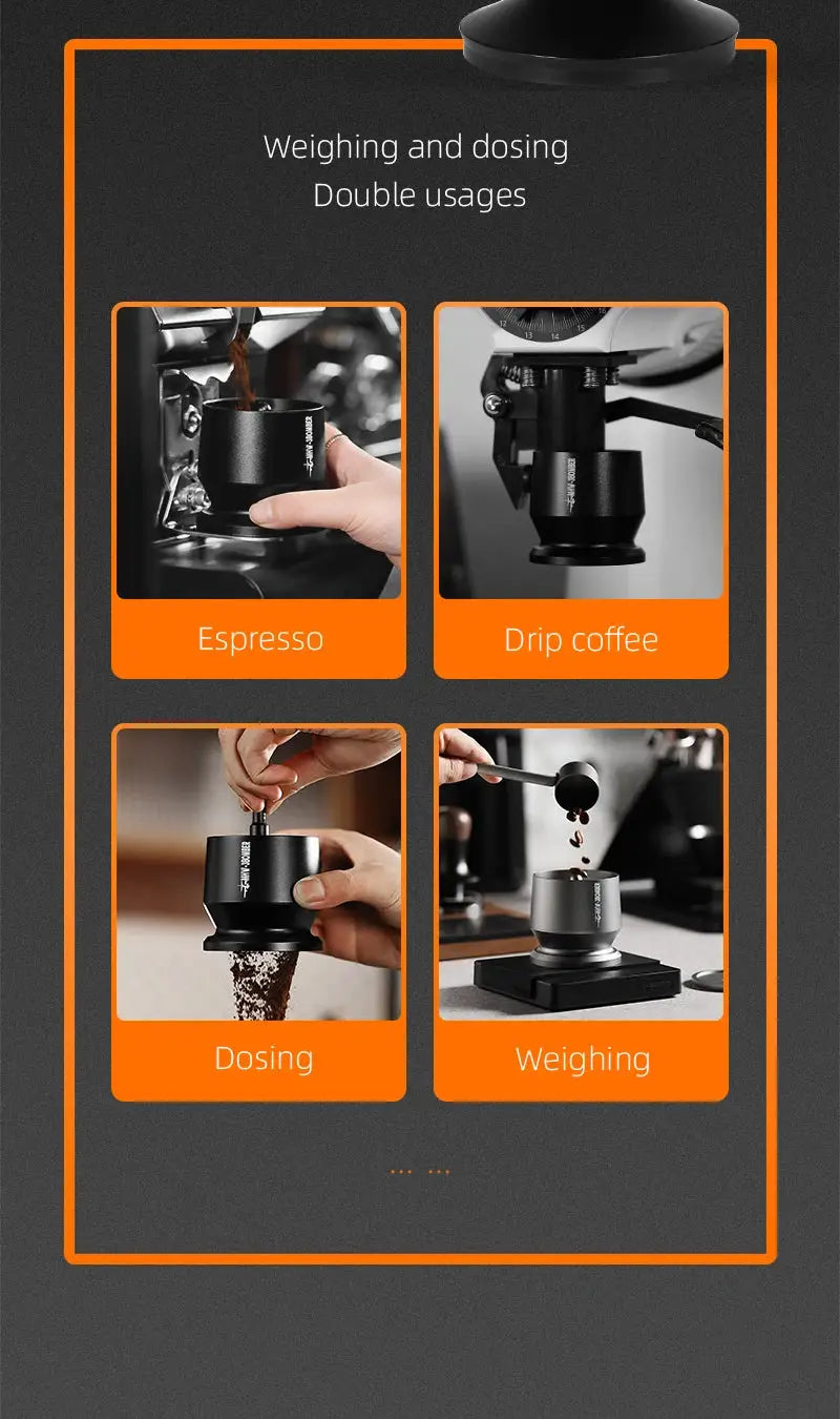 Coffee Dosing Funnel Aluminum Alloy Dosing Shaker dispensing grounds into a dripper on scale, fits 51-54mm portafilters, ideal for home baristas.