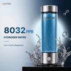 Rechargeable electric alkaline ionizer cup with a stainless steel base and borosilicate glass, contains hydrogen-rich water.