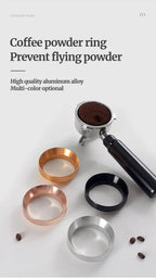 Coffee powder ring with a coffee grinder and scattered coffee beans on a white background