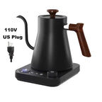 Electric kettle for travel with a sleek black gooseneck design, featuring a wooden handle and digital temperature control. Ideal for precise coffee and tea brewing.
