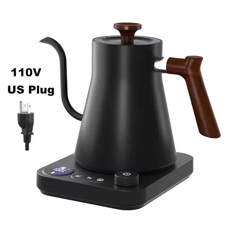 Electric kettle for travel with a sleek black gooseneck design, featuring a wooden handle and digital temperature control. Ideal for precise coffee and tea brewing.