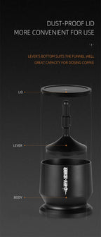 Coffee Dosing Funnel Aluminum Alloy Dosing Shaker dispensing grounds into a dripper on scale, fits 51-54mm portafilters, ideal for home baristas.