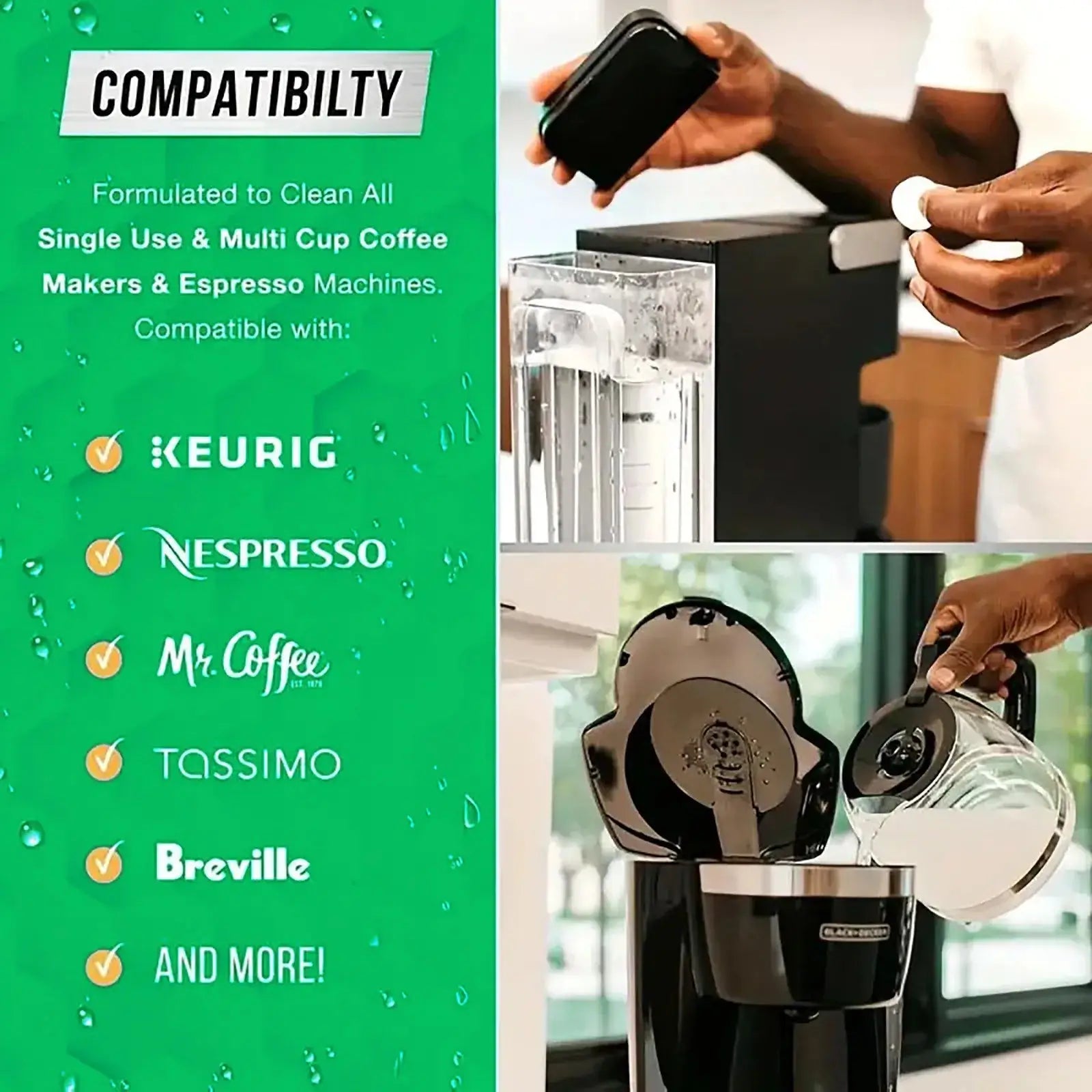 Product compatibility with various coffee makers on a green background