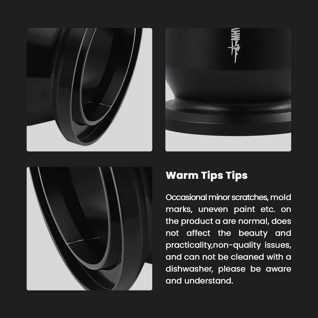 MHW-3BOMBER Coffee Dosing Funnel Aluminum Alloy Dosing Shaker dispensing grounds into a dripper, compatible with 51-54mm portafilters. Ideal espresso accessory for home baristas.