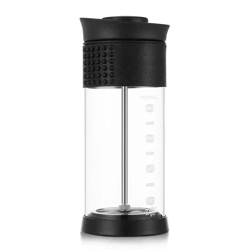 Clear blender with black lid and base on a white background