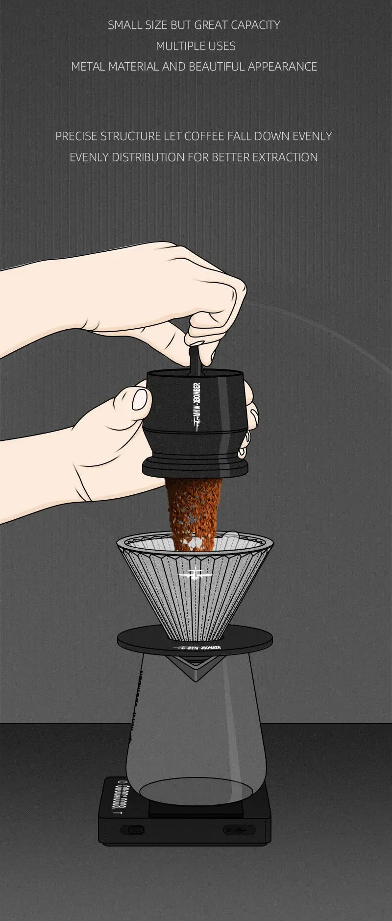 Coffee Dosing Funnel Aluminum Alloy Dosing Shaker dispensing grounds into a dripper on scale, fits 51-54mm portafilters, ideal for home baristas.