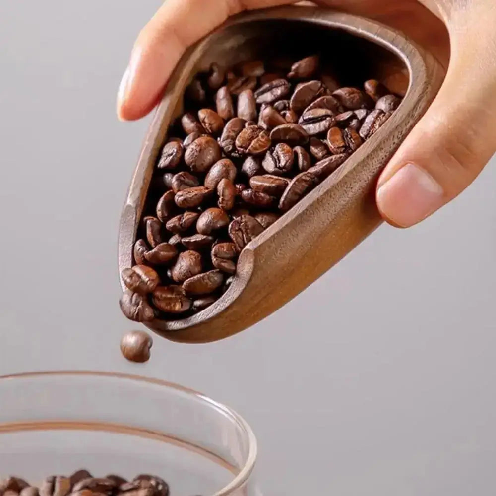 Wooden scoop filled with coffee beans being poured into a glass container on a gray background