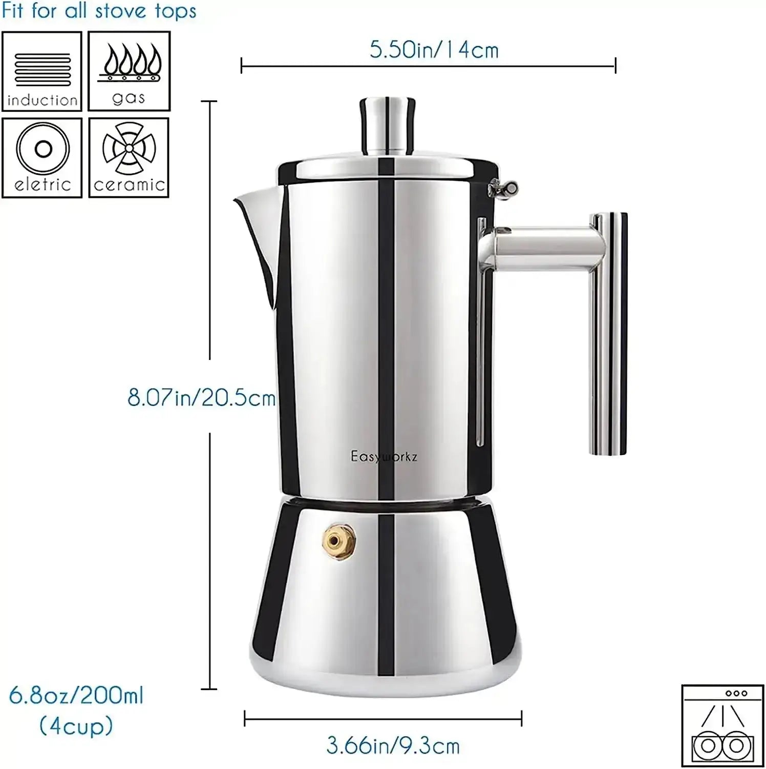 Easyworkz Diego Stovetop Espresso Maker in polished stainless steel with ergonomic handle, 4-cup 6.8 oz induction Moka pot for Italian coffee brewing.