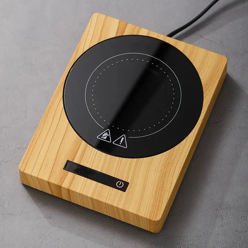 100°C Cup Heater Mug Warmer with wood grain finish and digital power button, ideal for heating coffee, tea, or milk at 5 adjustable temperatures.