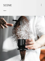 Coffee Dosing Funnel Aluminum Alloy Dosing Shaker dispensing grounds into a dripper on scale, fits 51-54mm portafilters, ideal for home baristas.