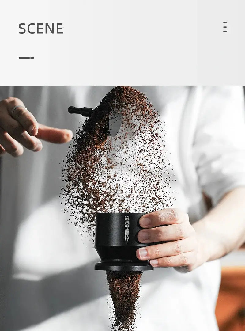 Coffee Dosing Funnel Aluminum Alloy Dosing Shaker dispensing grounds into a dripper on scale, fits 51-54mm portafilters, ideal for home baristas.