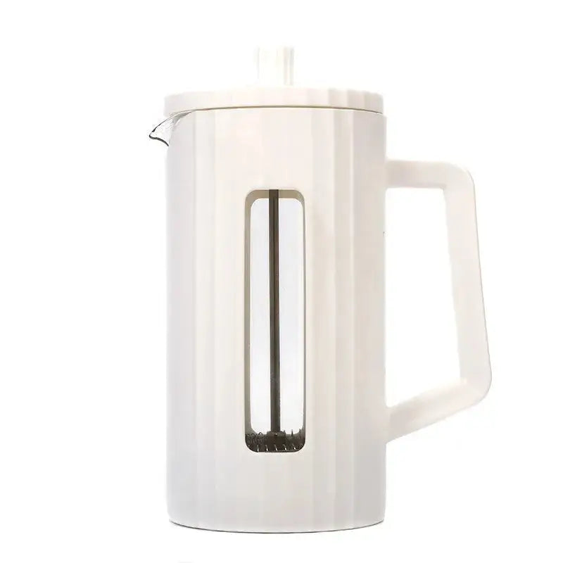 White French Press Coffee Maker with a stylish, ribbed exterior and durable glass. Designed for effortless coffee brewing and serving.