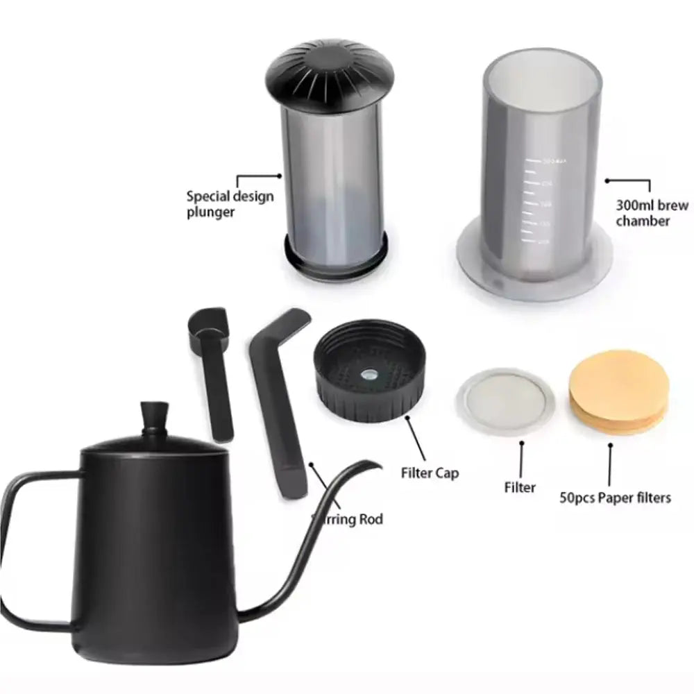 Coffee brewing kit with various components on a white background