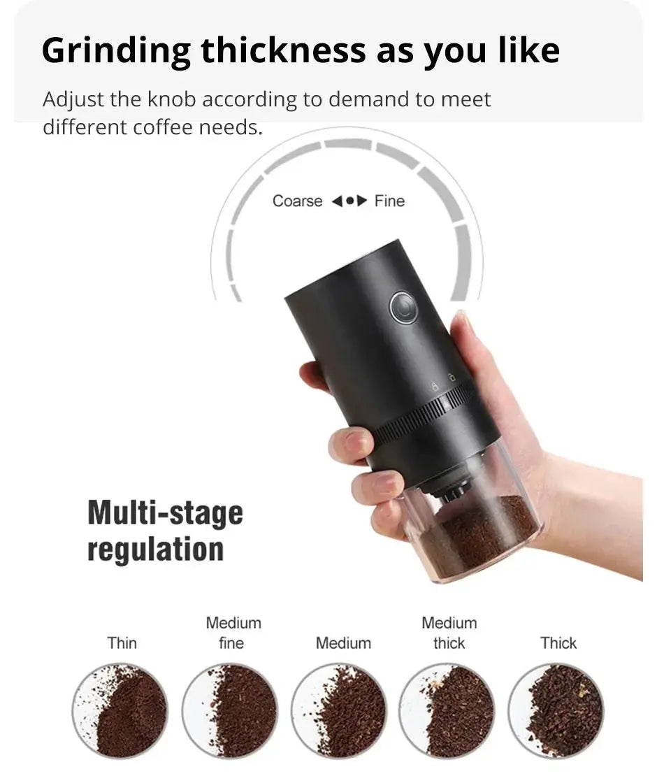 Adjustable grinding thickness settings on the USB coffee grinder, allowing users to customize grind size from coarse to fine.