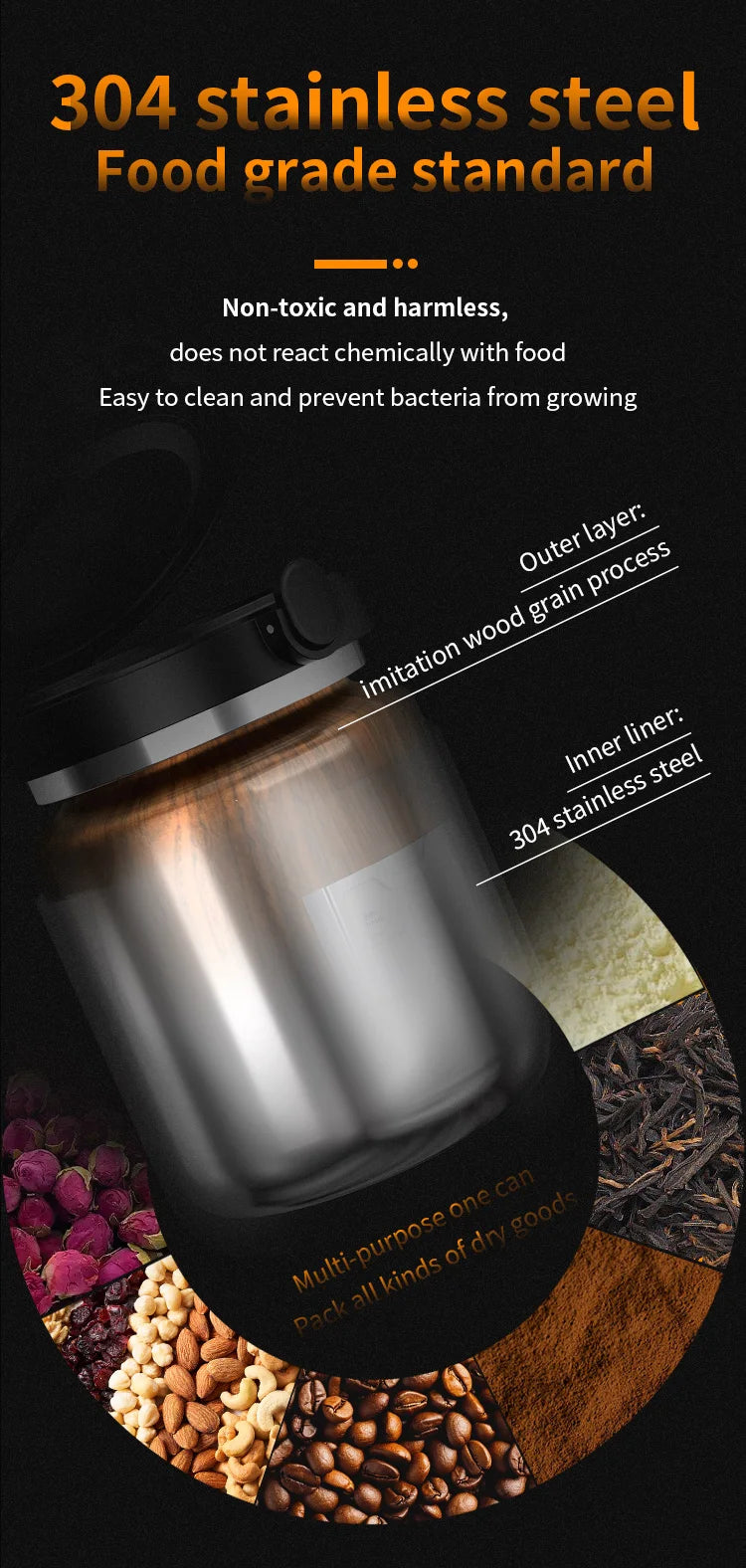 Bincoo 1000ml Airtight Coffee Canister - Vacuum Seal Stainless Steel Airscape Container for Coffee Beans | Kitchen Storage