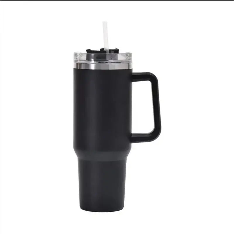 Black insulated tumbler with handle on a white background