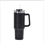 Black insulated tumbler with handle on a white background