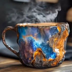 Mystical mug with fiery and blue design on a wooden surface