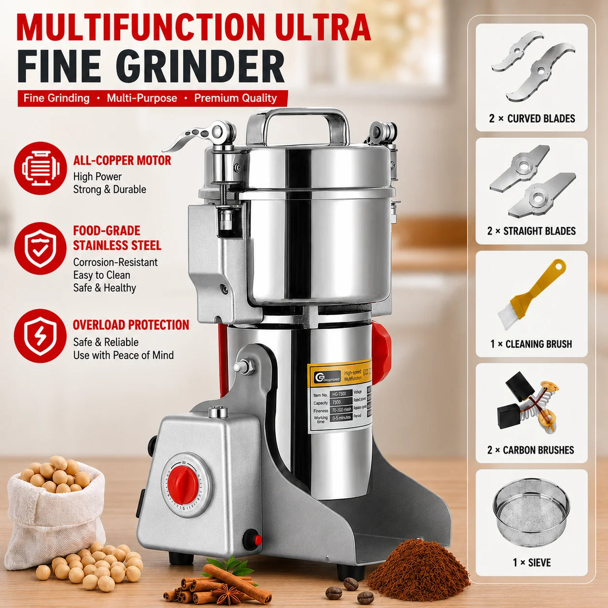 High Power Electric Coffee Grinder Kitchen Cereal Nuts Beans Spices Grains Grinder Machine Multifunctional Home Coffee Grinder