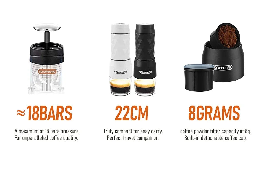 Compact two-tone espresso maker with a manual pump, featuring a black and white design. Includes detachable coffee cup.