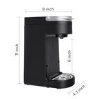 Black electric travel coffee maker with a compact design, featuring a versatile capsule system and stainless steel millstone.