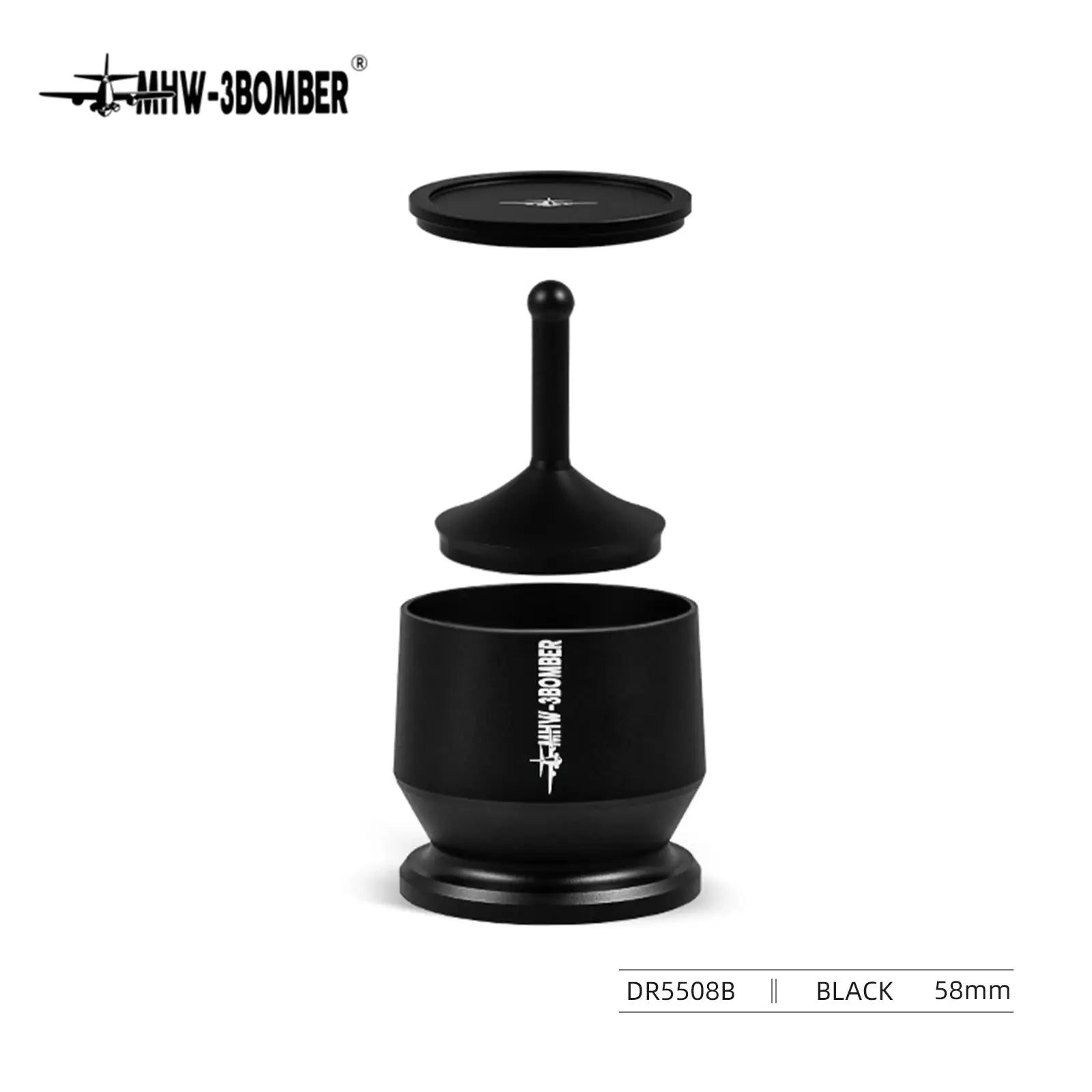 MHW-3BOMBER Coffee Dosing Funnel Aluminum Alloy Dosing Shaker in use with espresso machine, fits 51-54mm portafilters for home barista setup.