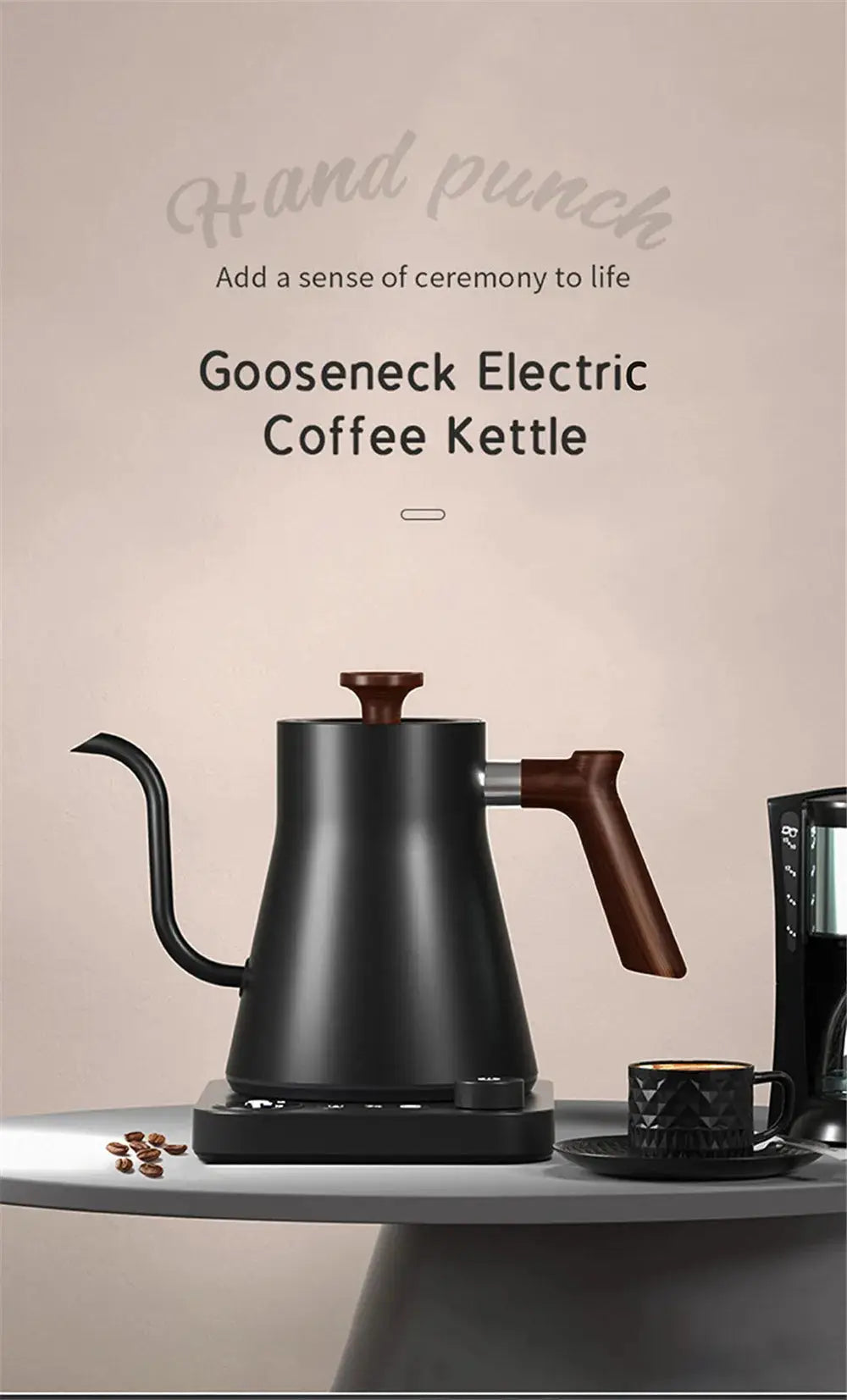 Portable gooseneck electric kettle with thermal insulation, ideal for travel. Features a sleek black stainless steel design with precise temperature control.
