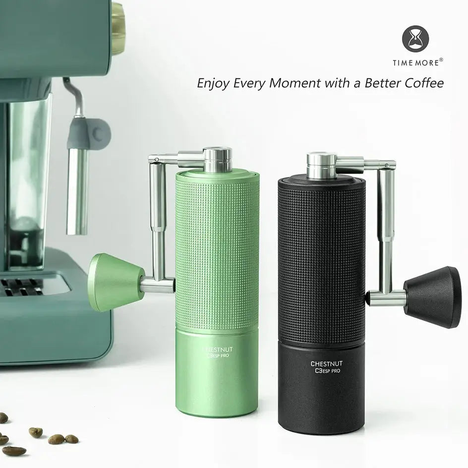 TIMEMORE Chestnut C3ESP PRO Manual Coffee Grinder with 25g capacity, all-metal body and steel burrs, shown with coffee beans and brewed espresso.
