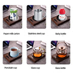 100°C Cup Heater Mug Warmer with 5 gear temperature settings shown warming a paper milk carton on a wooden heating pad for hot beverages.