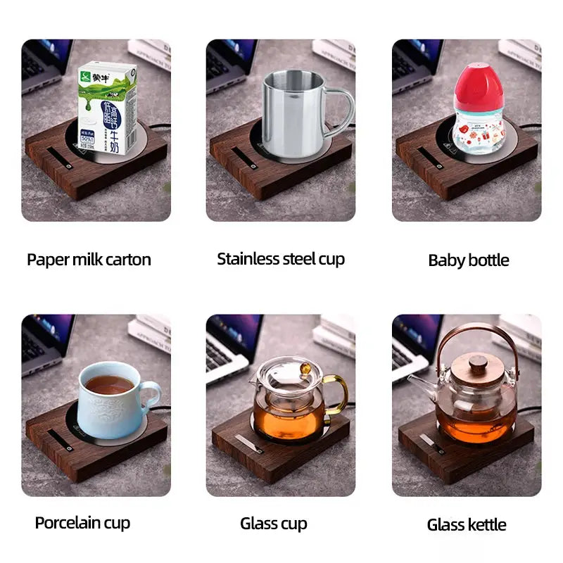 100°C Cup Heater Mug Warmer with 5 gear temperature settings shown warming a paper milk carton on a wooden heating pad for hot beverages.
