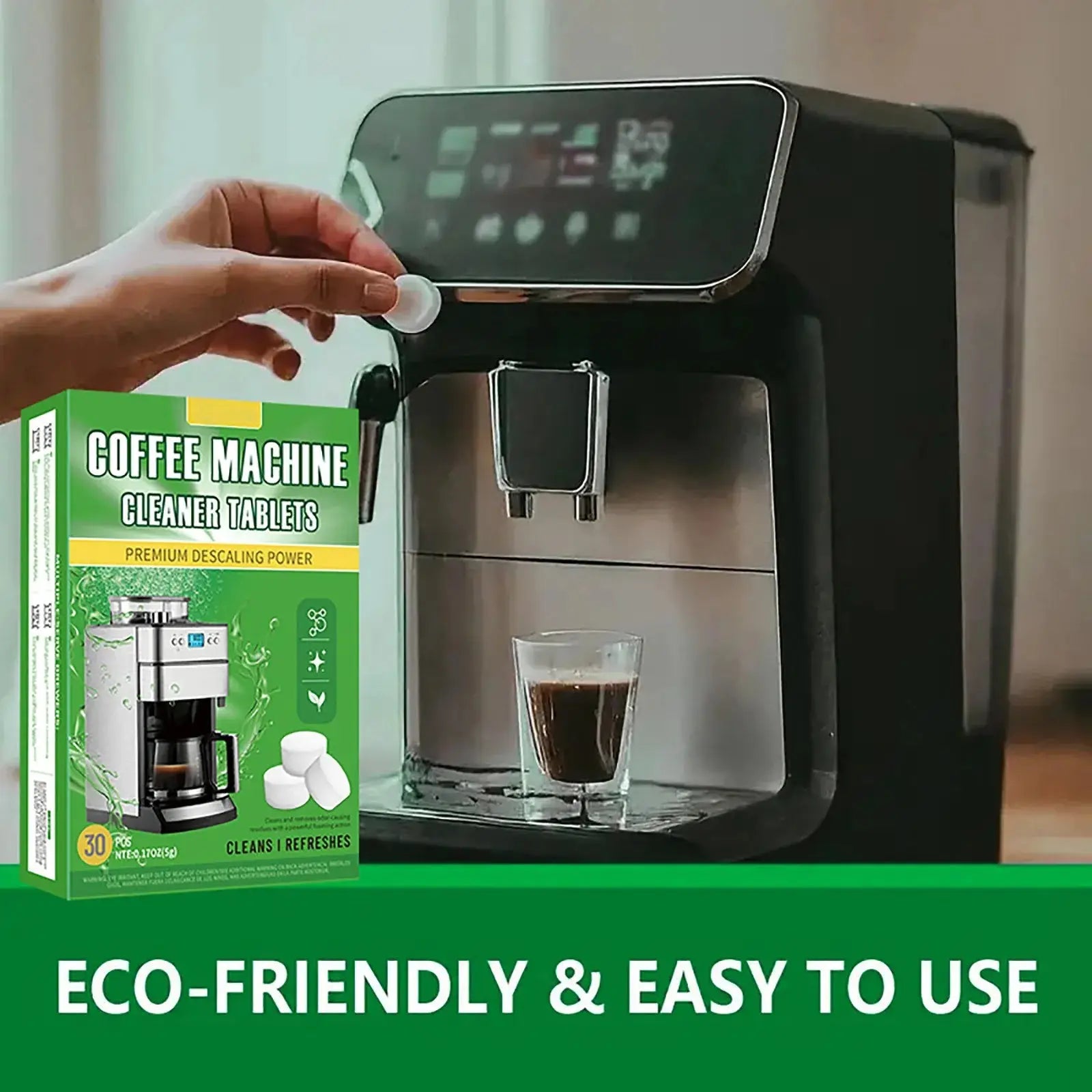 Coffee machine with a glass of coffee and a box of coffee machine cleaner tablets, with text 'Eco-friendly & Easy to Use'.