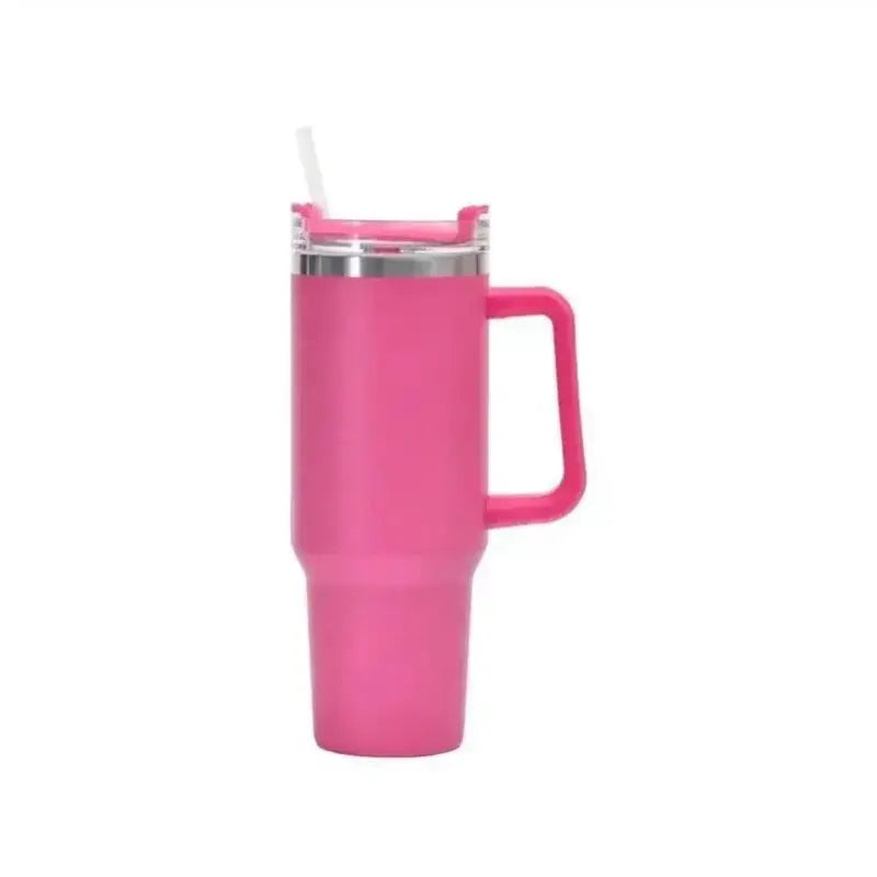 Pink insulated mug with handle on a white background