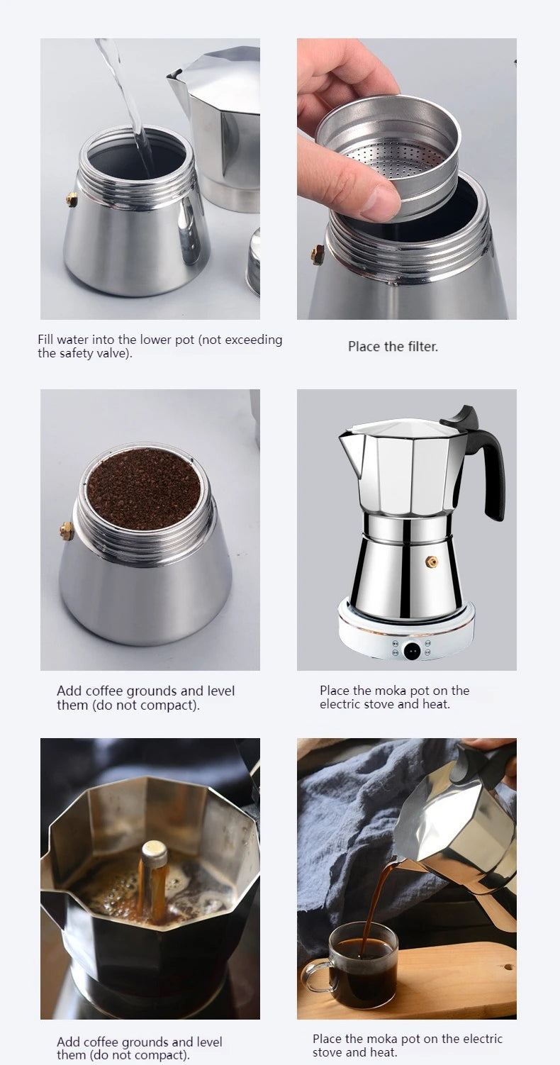 JUSTINLAU 150/300ML Octagonal Stainless Steel Moka Pot - Italian Style Espresso Maker for Home Brewing