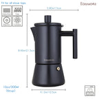 Black stovetop espresso maker, 10oz capacity, fits all stove types, with size dimensions