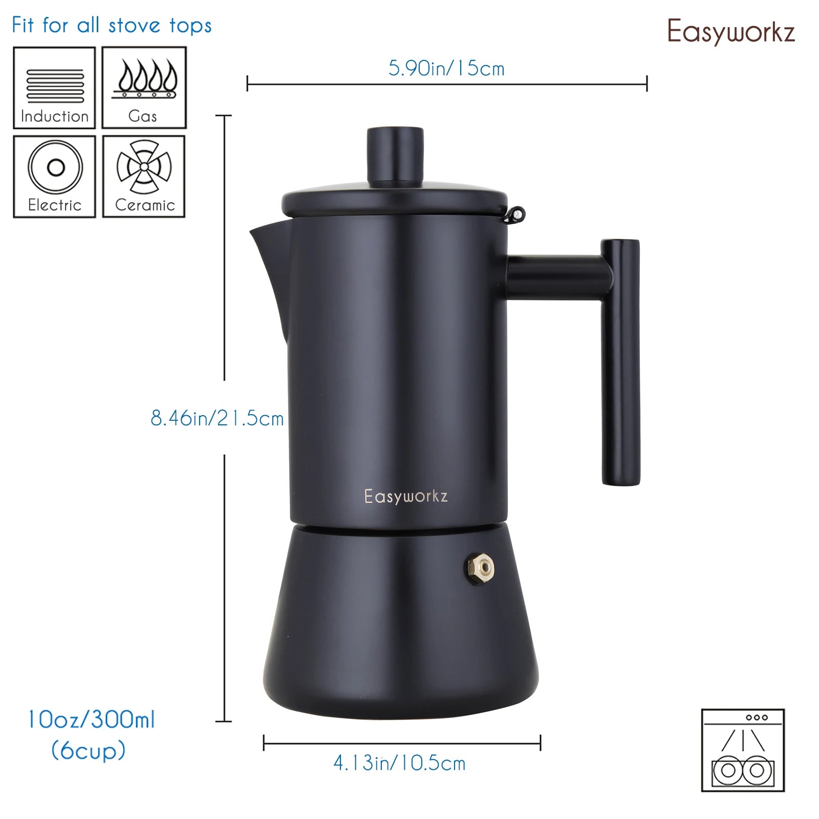 Black stovetop espresso maker, 10oz capacity, fits all stove types, with size dimensions