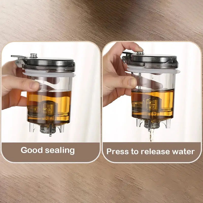 ransparent tea infuser with a PC tea lid, spring pressure valve, and stainless steel filter. Features a sealing silicone ring and removable PC water pressure lever for easy cleaning.