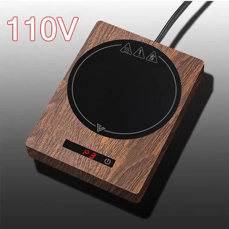 100°C Cup Heater Mug Warmer with wood grain finish and digital power button, ideal for heating coffee, tea, or milk at 5 adjustable temperatures.