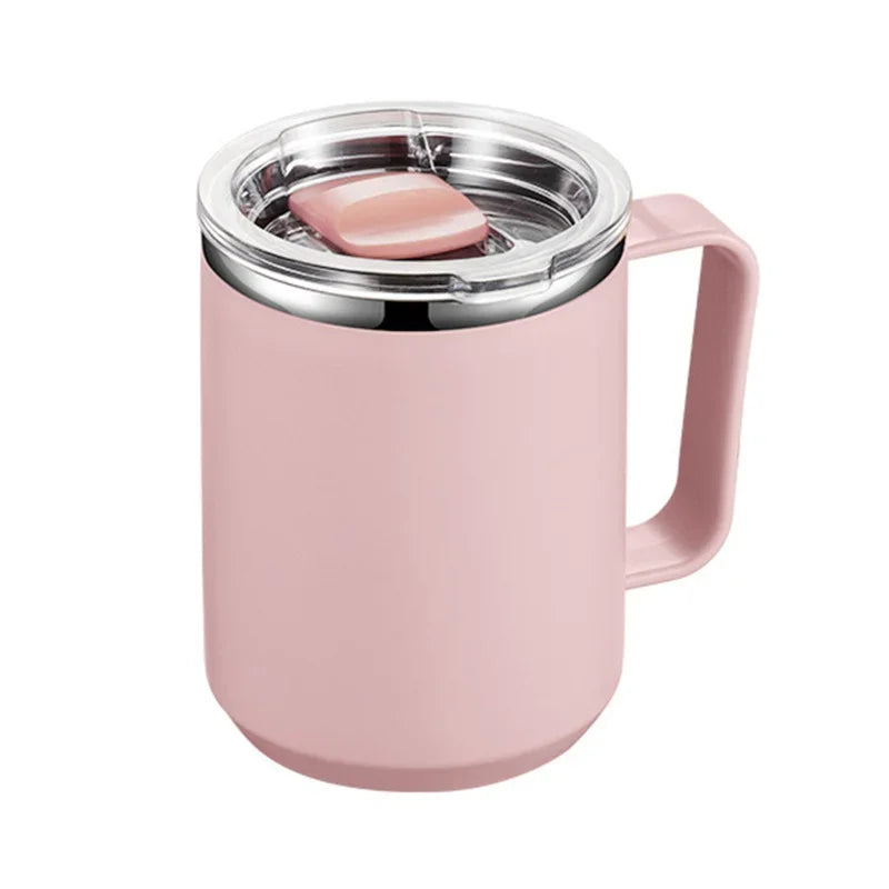 Pink insulated mug with a handle on a white background