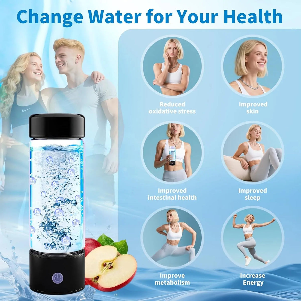 Portable hydrogen water generator in a clear borosilicate glass with black accents, bubbling water, and fruit visible below.