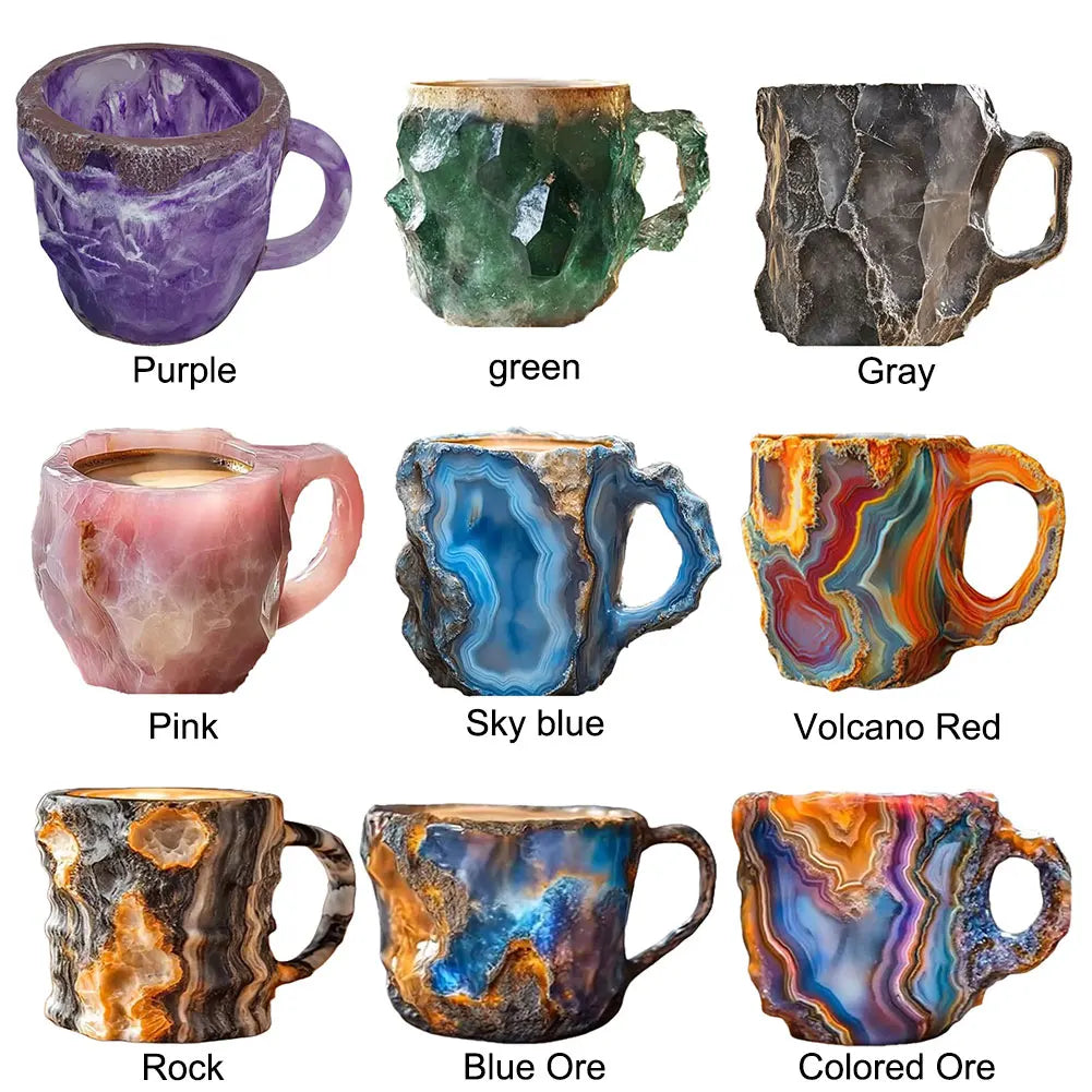 Colorful mineral crystal coffee mugs in purple, green, gray, pink, sky blue, volcano red, rock, blue ore, and colored ore. Each has a unique faceted design.