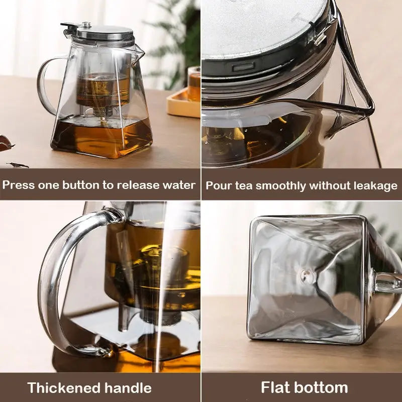 Elegant glass teapot with press tea strainer, featuring a heat-resistant design and water separation filter. Ideal for brewing loose-leaf, herbal, and flower teas.