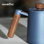 Stainless Steel 600ml Long Gooseneck Spout Barista Espresso Coffee Maker in black and blue with wooden handles, ideal for precision pouring.