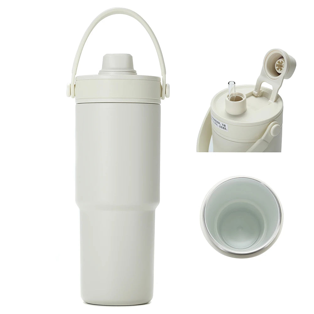 24oz ceramic lined thermal mug with handle, built-in straw, stainless steel vacuum body, portable travel tumbler