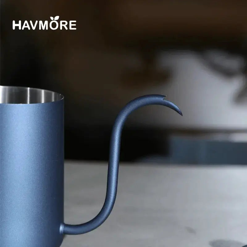 Stainless Steel 600ml Long Gooseneck Spout Barista Espresso Coffee Maker in black and blue with wooden handles, ideal for precision pouring.