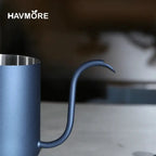 Stainless Steel 600ml Long Gooseneck Spout Barista Espresso Coffee Maker in black and blue with wooden handles, ideal for precision pouring.